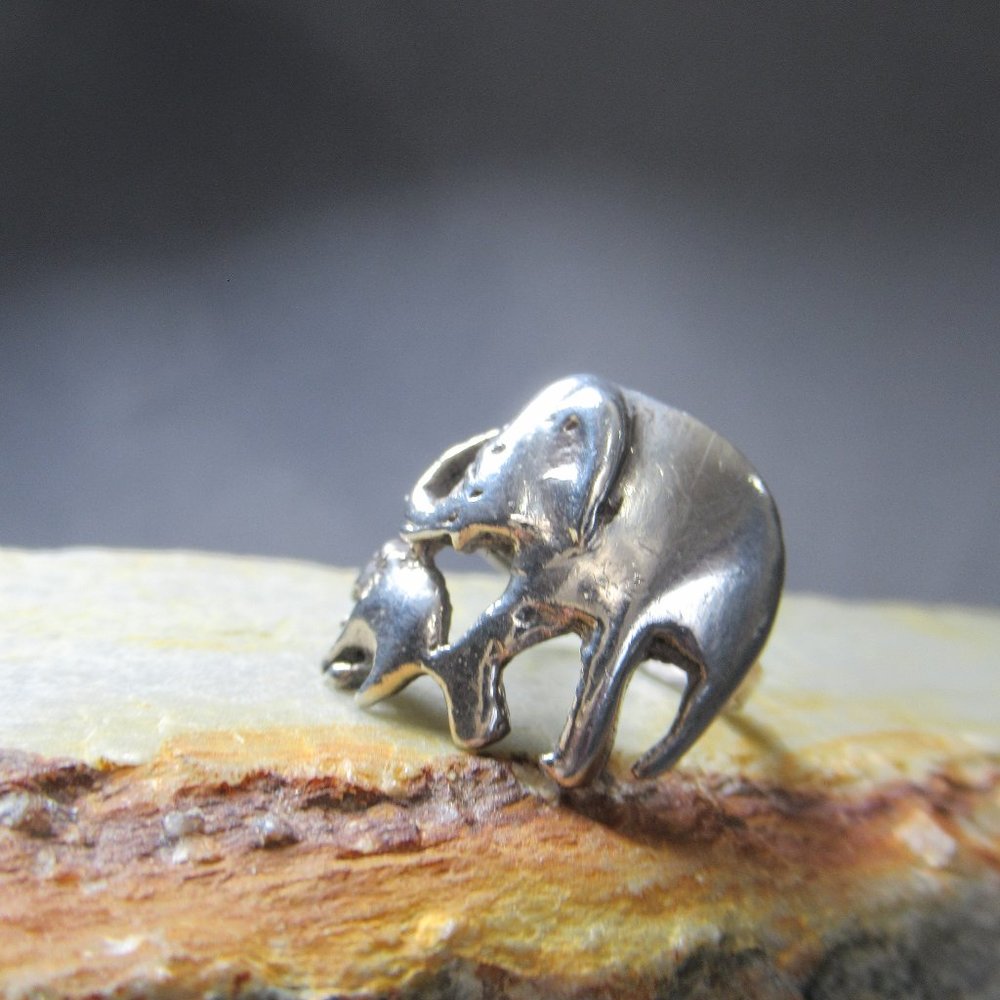 Sterling Elephant Ring, Silver Nature Mother and Child
